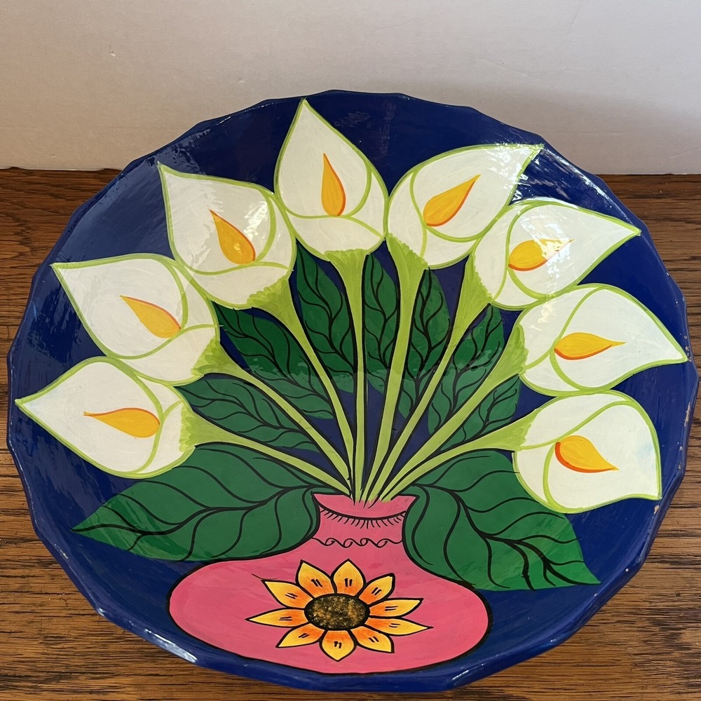 Mexican Talavera Hand Painted Folk Art Flowers Lily Pottery Footed Bowl 12in VTG